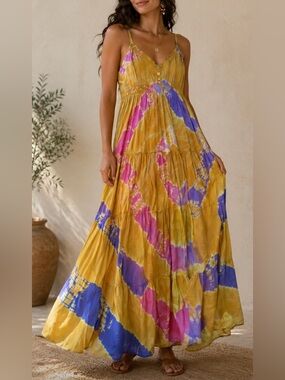 SOL Boho Tie Dye Maxi Dress Mustard Pink Purple Cotton Crochet Trim Size L